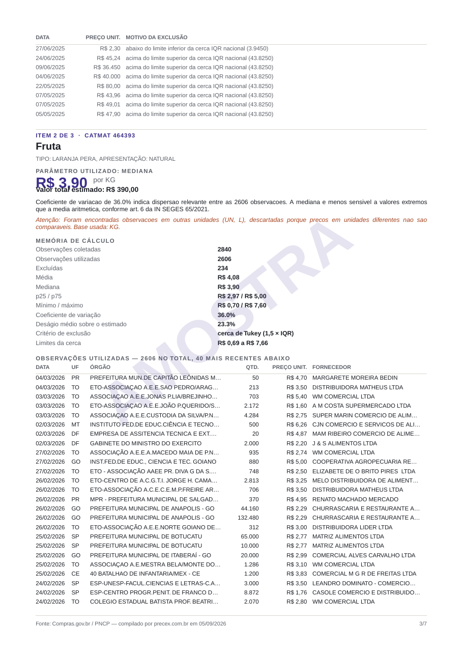 As observações, uma a uma — página do relatório de exemplo